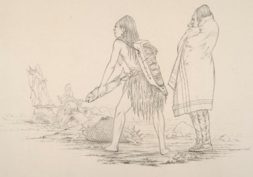 Fishing at the Dalles, 1850, pencil drawing by George Catlin. Source: NYPL.