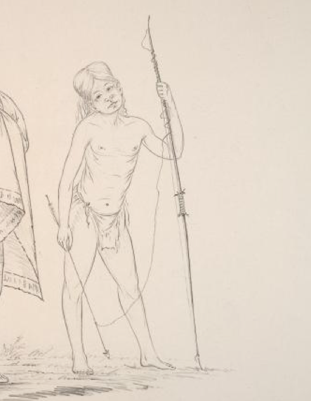 Detail of the boy with the arrow-harpoon.  1850 pencil drawing by George Catlin.  Source: NYPL.