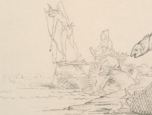 Detail showing use of arrow-herpoon at the Dalles.  1850, by George Catlin.  Source: NYPL