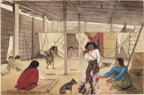 Interior of a Salish Longhouse, 1864. Watercolour by Edward Mallott Richardson.  Locale uknown. Source: Canadian Archives.  Click to enlarge.