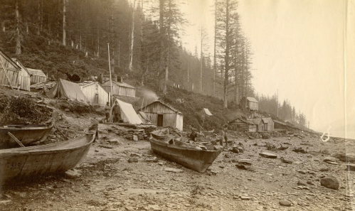 Albumen print photograph showing a view of T’aaku Kkwáan Tlingit homes in the Gastineau Channel, labeled “Indian huts near Juneau,” photograph by William Partridge, 1886. # 7319. Image shows T’aaku Khwáan village with houses, canoes, tents, and people on the beach.