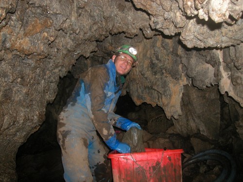 Tim Heaton at work in a cave on Haida Gwaii - I certainly enjoyed working with Tim on a project, learned a lot, and was impressed muchly by how much he could carry uphill or down!  Source: qmackie.