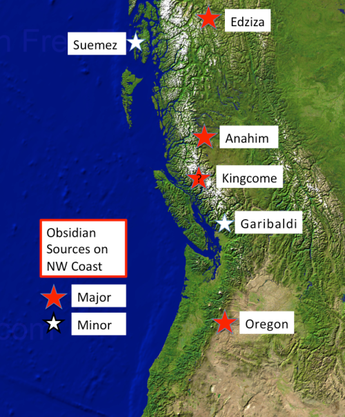 Simplified map of prominent known obsidian locations in the NW. Source: qmackie slides.
