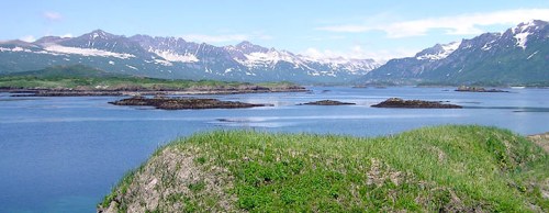 Archaeological site XMK-164. Little Takli Island, Mink Island, and Takli Islands in the distance. Source: NPS.
