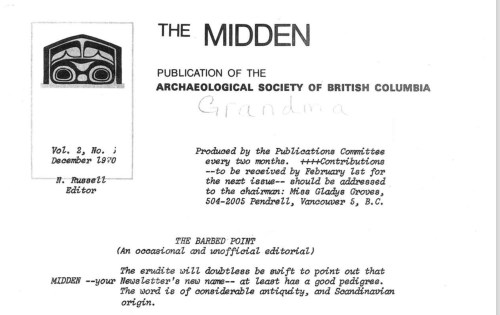 First appearance of the name "The Midden". Further down it notes: In fact, some considerble thought went into choosing this name, though at first it may seem derisory. The excecutive met in solemn debate on at "Least three occasions. And in case you don't believe it, here are some of the serious and not-so-serious sugges- tions put forward before "The MIDDEN" won by an overuhelming vote: The Pit Report, The Keekwillie, The Katz Spaul (say it fast!) , Strata Data., The Artifact, Detritus, The Level Bag (there was a long pause after that), The Cuitural Layer (and all that), Want Adze (boo, hiss). But The MIDDEN covers all of them!